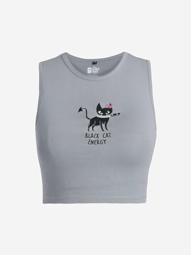 The Souled Store Tank Top: Black Cat Energy Women and Girls Round Neck Sleeveless Grey Embroidered Cotton Blend Slim Fit Tank To