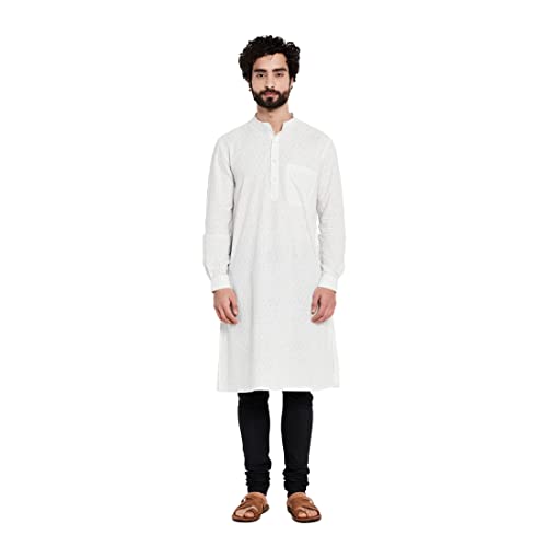 Fabindia Men Printed Long Kurta With Cuff Cotton_Xs White