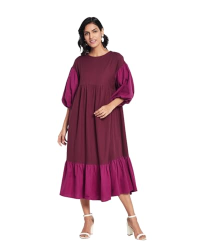Fabindia WomenS Cotton Blend A-Line Knee-Length Casual Dress (200001401_Purple