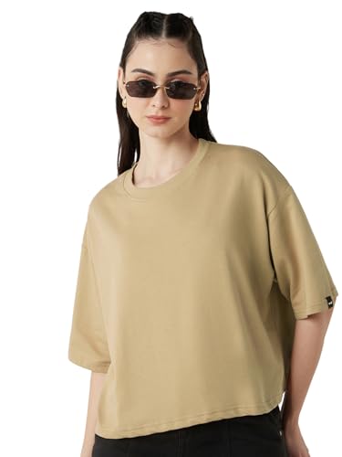 Bewakoof Heavy Duty 1.0 Women Solid Oversized Fit Half Sleeve Round Neck Terry Short Top_640635_Brown_S