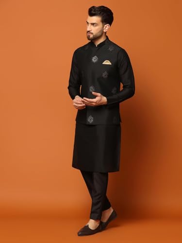 Kisah MenS Kurta Jacket Trousers Set Cotton Blend, Embroidered, Full Sleeves, Straight, Regular Fit, Mandarin Collar Ethnic Wea