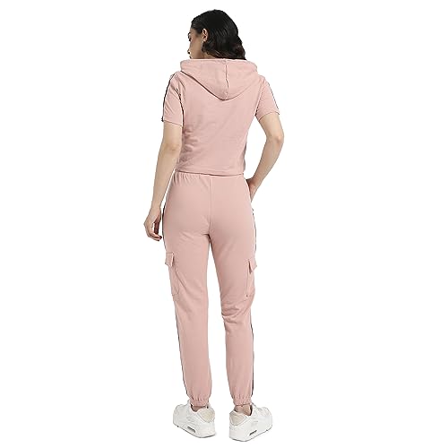 Campus Sutra Womens Peach Hooded Co-Ord Set with Contrast Piping for Casual Wear | Hooded Neck | Short Sleeve | Drawstring Clos