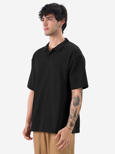 The Souled Store Solids: Regal Black Men And Boys Short Sleeves Collared Neck Cotton Blend Oversized Polos