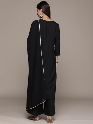 ZIYAA Women's Black Crepe Straight Kurta, Palazzo and Dupatta Set