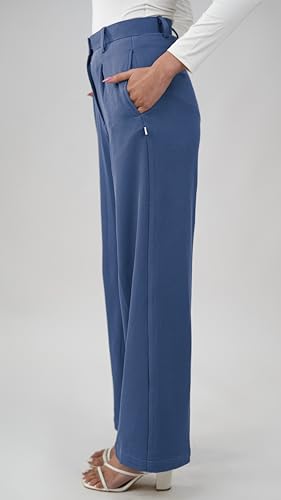 Greciilooks High Waist Cotton Trousers For Women Flared Parachute Pants With Side Pockets | Casual Travel Cargo Pants Blue