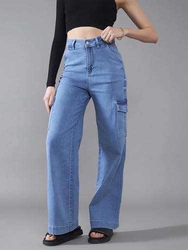 Dolce Crudo Womens Wide Leg High Rise Clean Look Regular Length Stretchable Flared Cargo Style Denim Jeans (DOAW23DEN12-79-158-