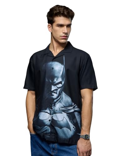 The Souled Store Batman: The Game Men and Boys Short Sleeve Collared Neck Button Front Black Graphic Printed Viscose Oversized S