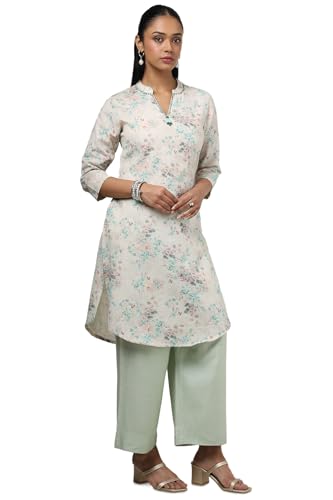 Soch Womens Beige Cotton Linen Floral Print Kurta with Beads