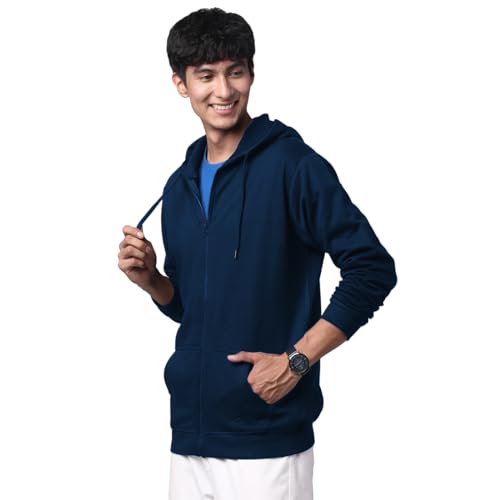 ADRO Mens Cotton Solid Zipper Hoodie Sweatshirts (ZH23-PLN-NB_Navy)