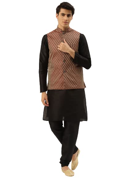 SOJANYA (Since 1958 Men's Silk Blend Black Kurta Pyjama & Maroon Self Design Nehru Jacket Combo