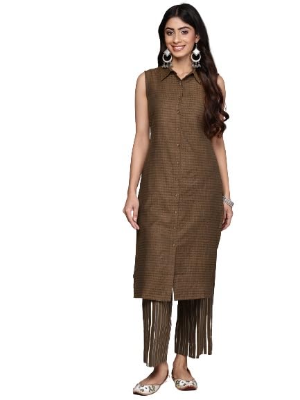 anubhutee Womens Cotton Blend Printed Brown Straight Kurta Suit Set with Pants