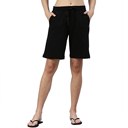 Enamor Essentials Womens Mid Rise Relaxed Fit 100% Cotton Knee Length Shorts Bermuda with Elasticated Waistband and Pockets - E