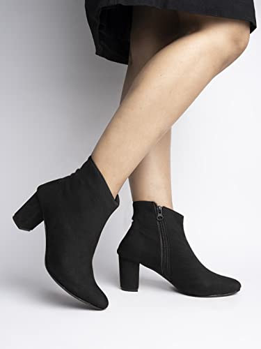 Shoetopai WomenS Black Ankle Boots Faux Suede Block Heel Booties With Side Zip Closure, Stylish & Comfortable For Fall/Winter