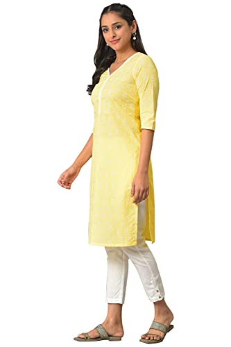 Aurelia Womens Cotton Regular Yellow Floral Printed V-Neck Kurta (23FEA13899-506697