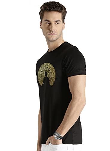 ADRO Men's Budha Gold Printed Cotton T-Shirt (RN23-GL-BUD-BL_Black)