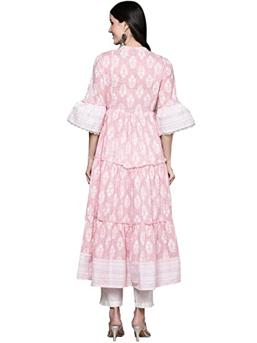 ishin Women's Pink Embelllished Anarkali Tiered Kurta