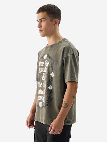 The Souled Store Official Dungeons & Dragons: Dice Give & Take Short Sleeve Round Neck Grey Graphic Printed Cotton Oversized T-S