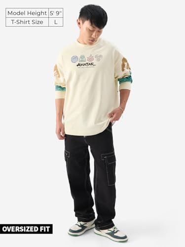 The Souled Store Official Avatar: Aang And Appa Round Neck Beige Graphic Print 100% Cotton Oversized Fit Full Sleeve T-Shirts Ov