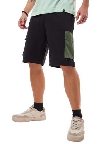 Bewakoof Mens Color Block Oversized Fit Terry Cargo Shorts_635480_Black_XL