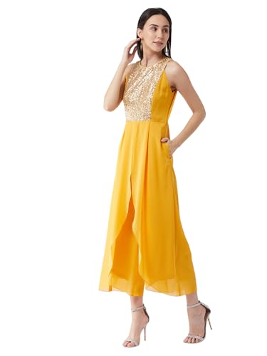 Miss Chase WomenS Halter Neck Sleeveless Embellished Regular Jumpsuit (Mcss25D91-84-183-05, Mustard, L)