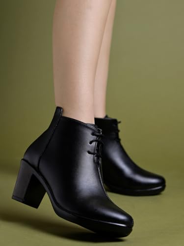 Shoetopia WomenS Black Leather Ankle Booties With Block Heel And Lace-Up Closure Stylish Mid-Heel Dress Boots For Office & Cas
