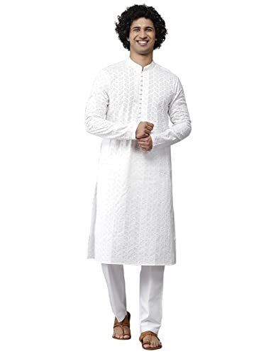 See Designs Cotton Men White Chikankari Embroidered Straight Kurta With Pyjama