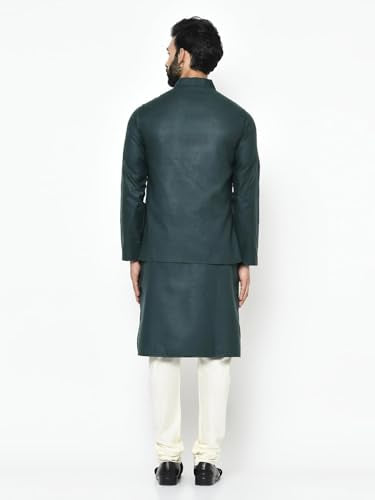 Kisah Men Green Off-White Solid Kurta With Churidar Jacket, Full Sleaves, Knee Length, Straight, Regular Fit, Mandarin Collar Et