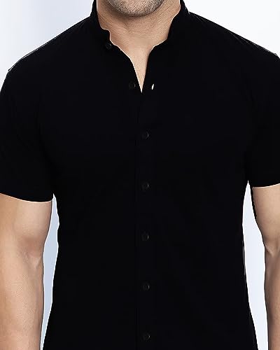 EYEBOGLER Mens Cotton Blend Henley Neck Half Sleeve Solid Button Style Tshirt Black