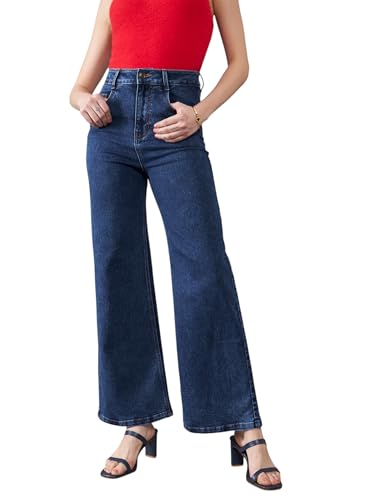 Dolce Crudo WomenS Mid Wide-Leg High-Rise Mildly Distressed Regular-Length Stretchable Denim Jeans (Doss24Den79-18-337-28, Pacif