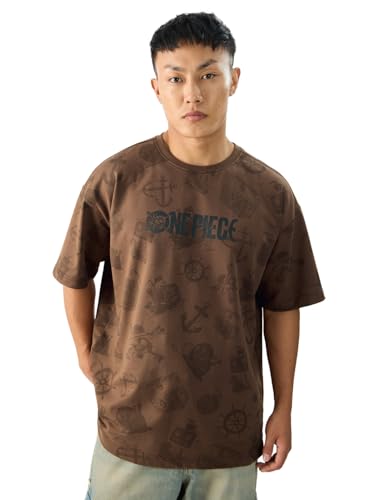 The Souled Store Official One Piece: Pirate Tales Short Sleeve Round Neck Brown Graphic Printed Cotton Oversized T-Shirts For Me