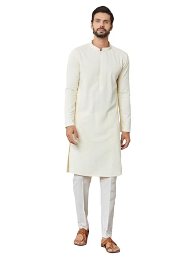 See Designs MenS Long Sleeve Mandarin Collar Side Slit Cream Embroidered Chikankari Rayon Straight Kurta With Pyjama - Sdkt2563