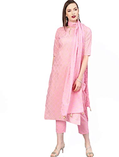 Anni Designer WomenS Cotton Golden Print Kurta With Palazzo & Dupatta (Pink,M)