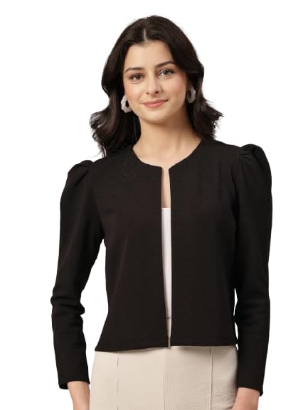 Style Quotient Women Solid Texture Black Regular Fit Open Front Shrug