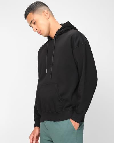 Bewakoof Heavy Duty 1.0 Mens Solid Oversized Fit Full Sleeve Fleece Hoodies Black