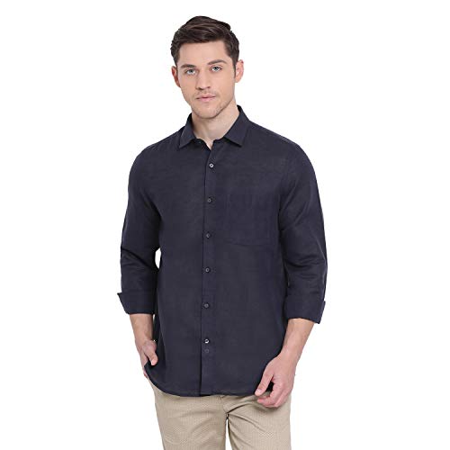 Turtle Men Cotton Linen Slim Fit Solid Full Sleeve Formal Shirt Dark Blue