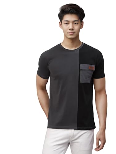 Rigo Printed Men T-Shirt | Dark Grey Black Cut & Sew T-Shirt | Round Neck Cotton Half Sleeve T-Shirt | Printed Cotton Blend Grey