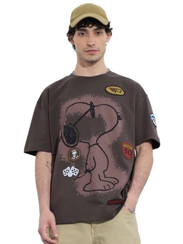 The Souled Store Peanuts: Motorsports Men and Boys Short Sleeves Round Neck Brown Graphic Printed Cotton Oversized T-Shirts
