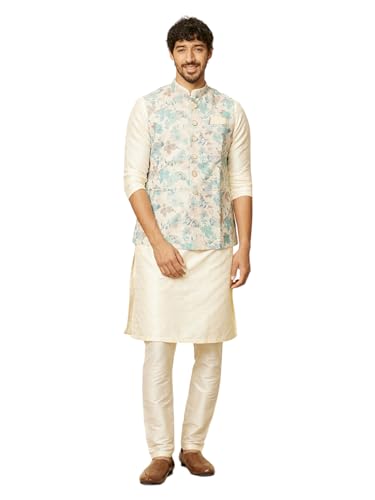 Manyavar Mens Green Blended Linen Printed Jackets
