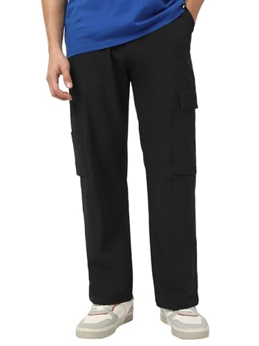 Bewakoof Mens Solid Regular Fit Poly Spandex Cargo Pant_659631_Black_36