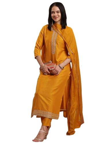 GoSriKi Womens Jagah Silk Blend Straight Embroidered Kurta with Pant & Dupatta (LIKHA Yellow-GS_M_Yellow_Medium)