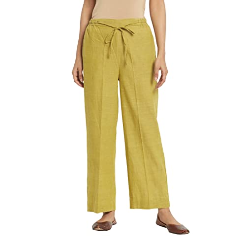 Fabindia Women Drawstring Casual Pant Cotton_M Green