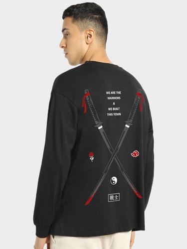 Bewakoof Mens Warriors Graphic Print Black Round Neck Long Sleeve Loose Fit T-Shirt