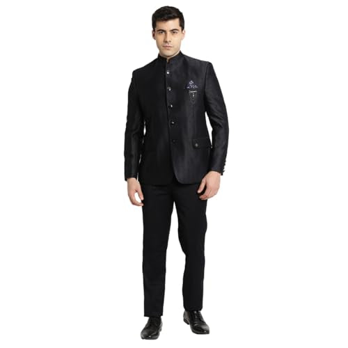 Turtle Men Poly Viscose Mandarin Collar Tailored Fit Black 2 Piece Party Suits