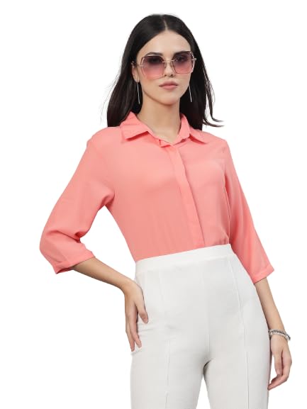 Style Quotient Women Solid Peach Polycrepe Formal Shirt