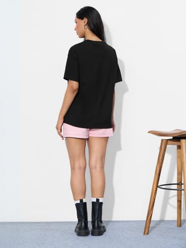 The Souled Store Textured T-Shirt: Find Your Balance Women and Girls Short Sleeves Round Neck Black Embroidered Cotton Relaxed F