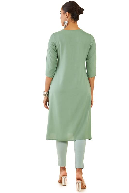Soch Women Green Rayon Straight Kurta with Embroidered Yoke and Gota Patti Lace