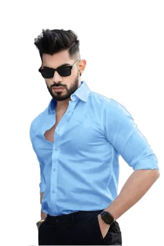 Tee Projekt Shirt for Men Cotton Plain Spread Collar Casual Shirt Parfect for ormal Wear, Home Wear, Office Wear Light Blue