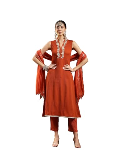 Stylum Womens Rust Solid & Embroidered Crepe A-Line Kurta With Dupatta