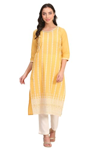 Aurelia WomenS Embroidered Straight Schiffli Pure Cotton Kurta Yellow Kurta (Size: M)-A15821-E608127