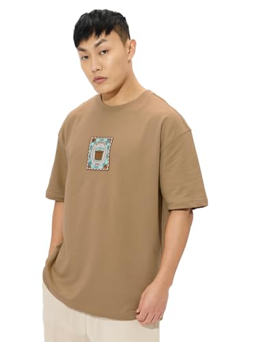 The Souled Store Chai Stamp Men And Boys Short Sleeves Round Neck Brown Graphic Printed Cotton Oversized T-Shirts